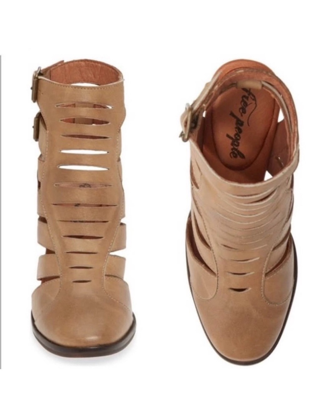 Free People Tan Cutout Heeled Sandals Retro Earth Tone Cowgirl Style Boho